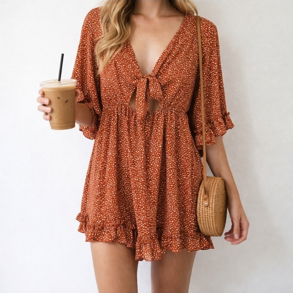 Rust Polka Dot Tie Front Romper – SMALL - NWOT
